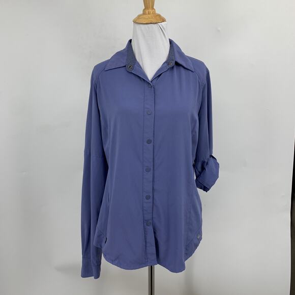 Columbia Shirt Womens M Medium Periwinkle Omni Freeze Snap Buttons Tab Sleeve - Picture 2 of 14